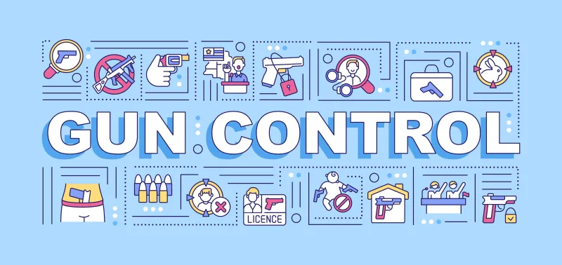 Gun control word concepts banner. infographics with linear icons on blue background. pros and cons of gun law and use handgun. isolated typography. outline rgb color illustration Premium Vector