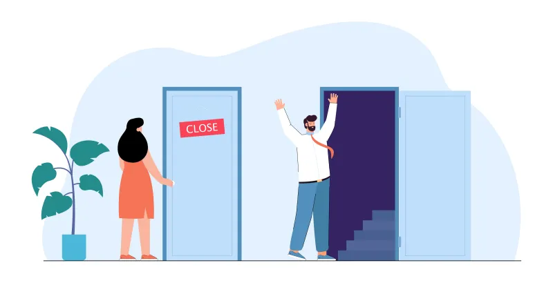Man and woman standing in front of open and closed door. unequal social rights and work problems of female character flat vector illustration. gender inequality and discrimination, career concept Free Vector