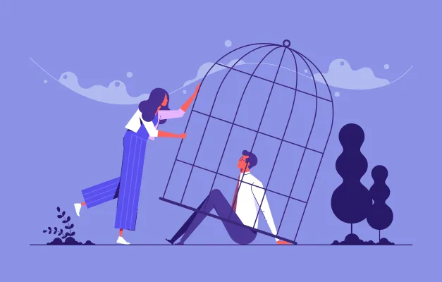 illustration of a woman letting a man out of a birdcage with a blue background vector concept