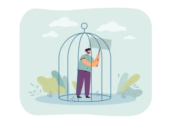Man standing in cage and holding with blank banner. male person protesting and asserting his rights flat vector illustration. arrest, punishment concept for banner, website design or landing web page Free Vector