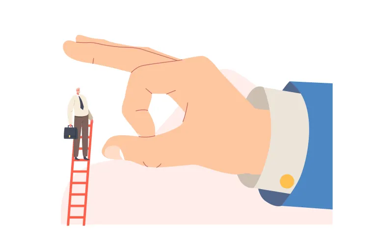 Dismissal, business betrayal, huge hand trying to throw down tiny businessman stand on top of ladder. envy and unethical partner character career danger metaphor. cartoon people vector illustration Premium Vector