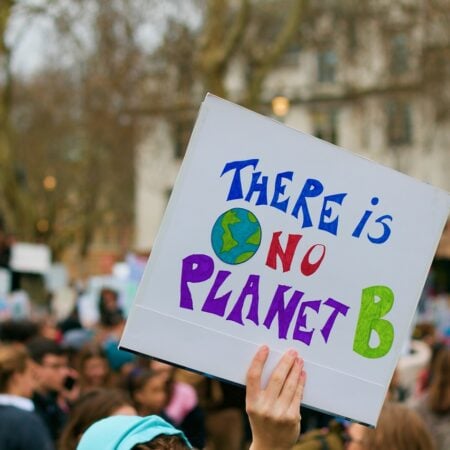 protestor holding up sign that says there is no planet b