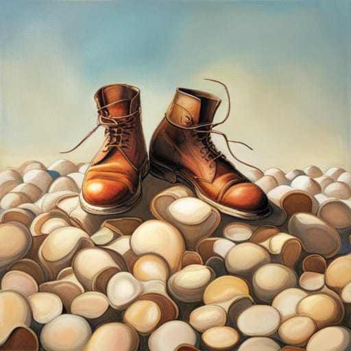 leather boots sitting on top of eggshells