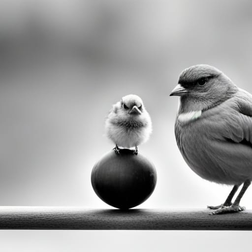two birds, one sitting on top of a stone in black and white