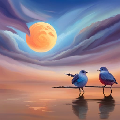 two birds sitting under an orange moon