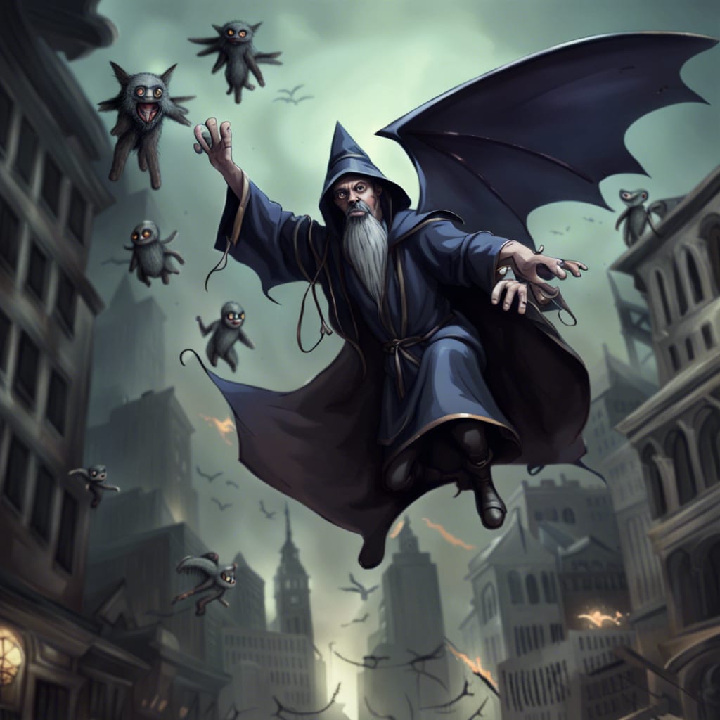 an evil wizard deploying flying monkeys to attack a city full of helpless victims