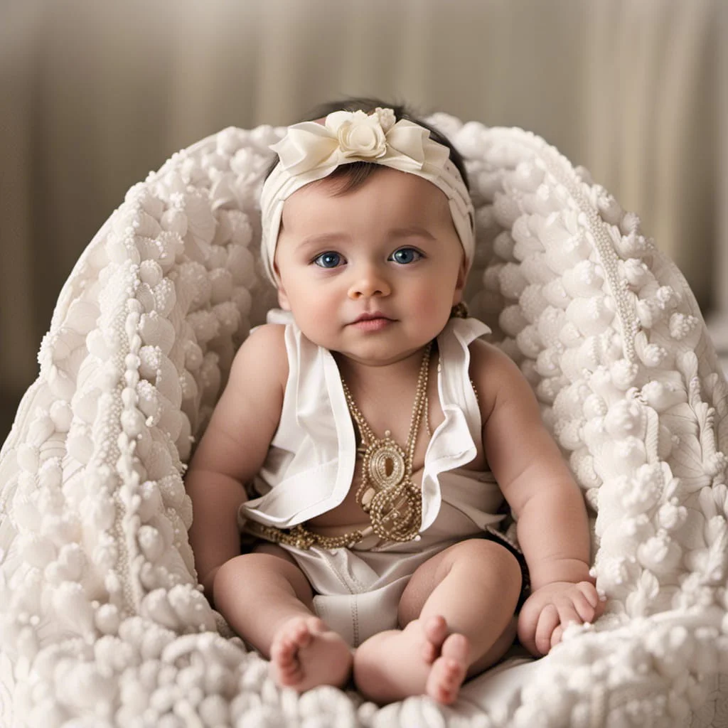 nepo baby in a baby seat wearing gold jewelry